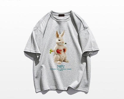 Cartoon rabbit print short sleeved T-shirt for women's summer oversize tee