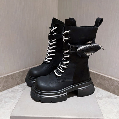 Bag Motorcycle Boots Mid tube Boots Strap Women's Shoes