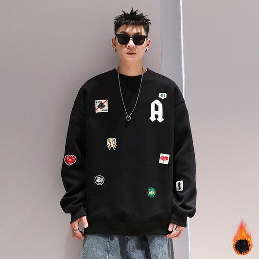 Men embroidery thick sweatshirt unisex autumn and winter heavyweight tops sleeve loose top