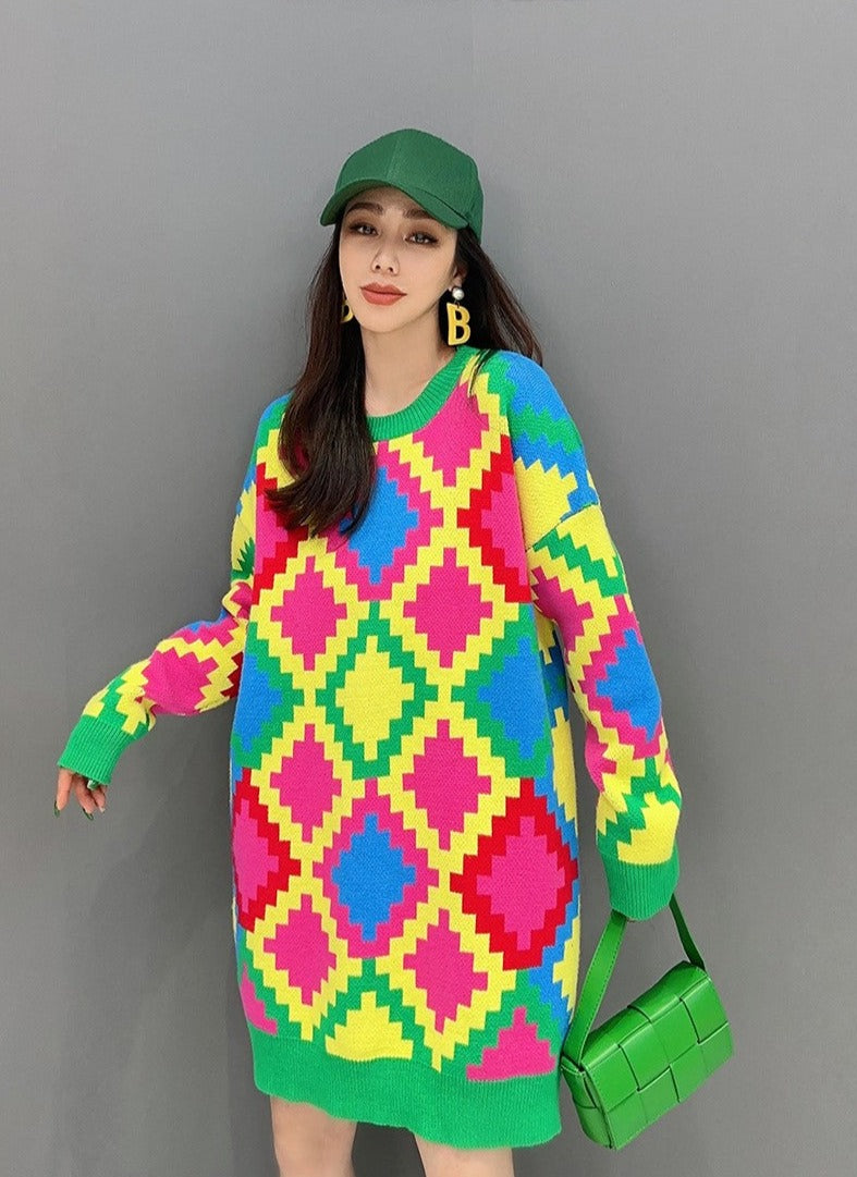 Women Color Blocked Diamond Grid Sweater Pullover Single Knitted