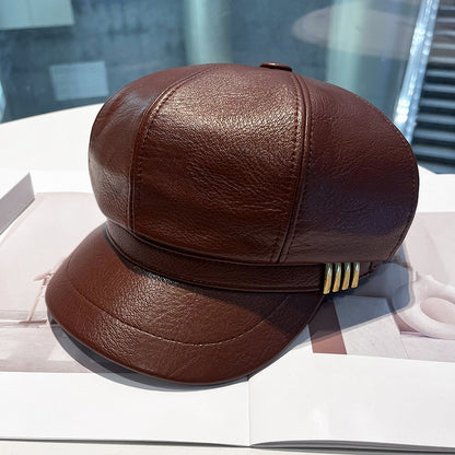 PU leather metal buckle octagonal hat for women