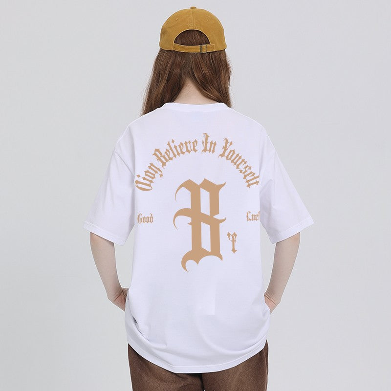 Brown oversize short-sleeved gothic letter t-shirt for women