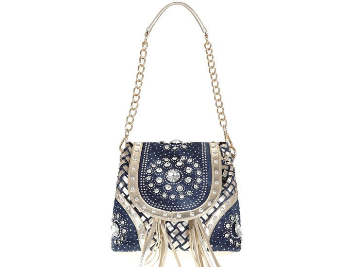 Denim diamond woven backpack single shoulder crossbody hand chain bag