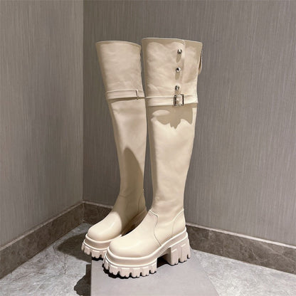 Elastic leather skinny boots thick heels, high heels shoe