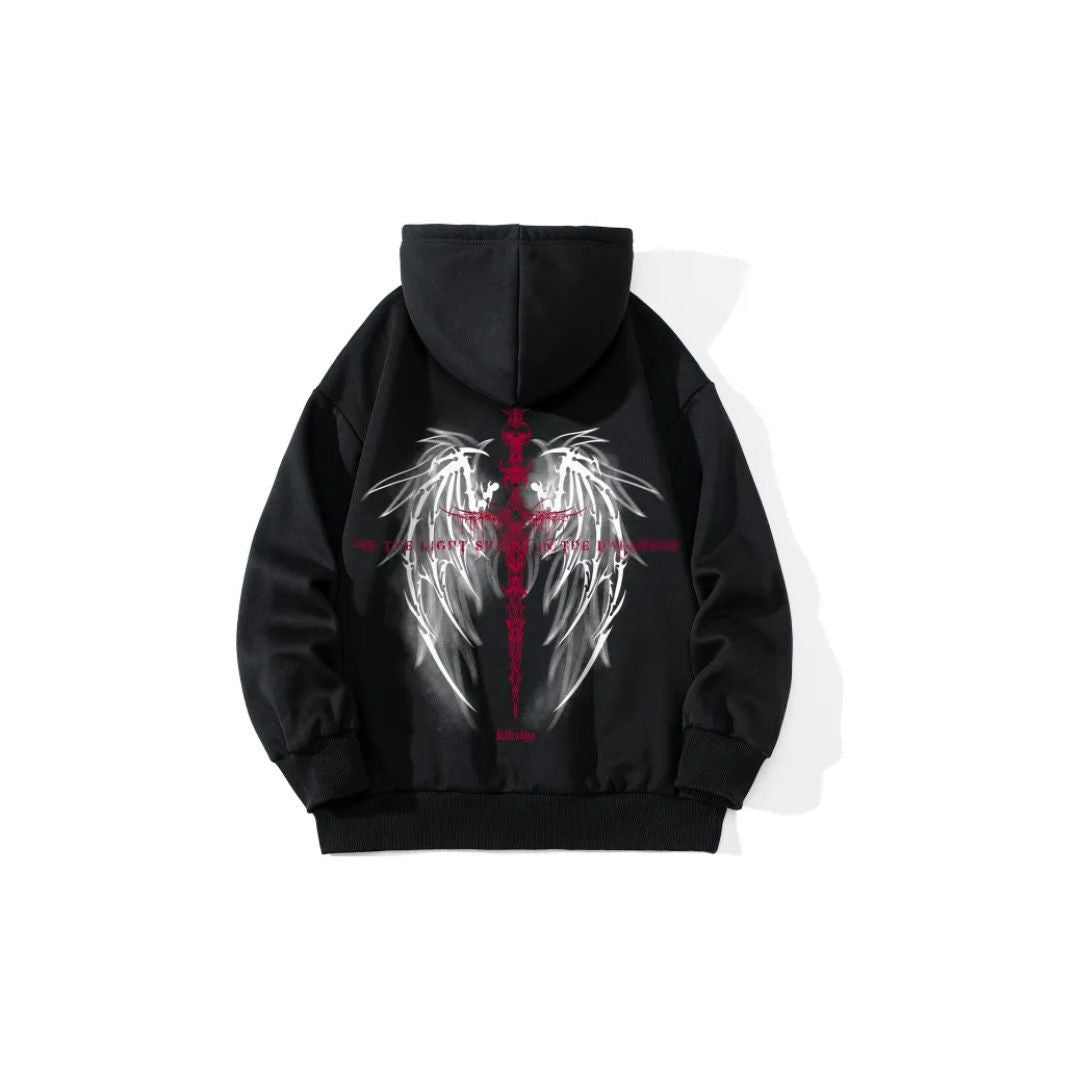 Dark magic sword wings pattern letter hoodies