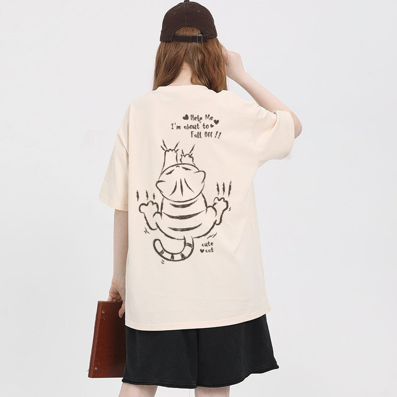 Cat print t-shirt loose fit short-sleeved coffee color pure cotton summer top