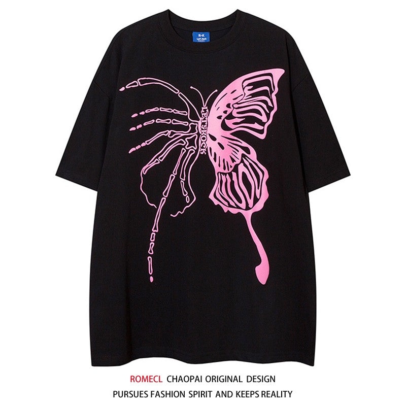 Cool Butterfly T-shirt Skull Print Couple Short sleeved T-shirt