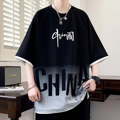 Semi two-piece round neck T-shirt men's loose tops