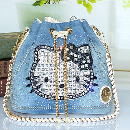 Denim diamond chain hand-held cross-body bucket bag