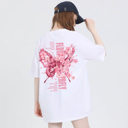 Butterfly print T-shirt women slim top pink