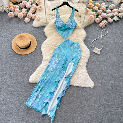 Beach Vacation Floral Hot Girl Suit Women's Summer Suspender Tube Top Vest + High Waist Ruffled Slit Maxi Skirt