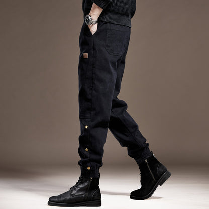 Black men jeans heavyweight cotton autumn outdoor cuffed black casual pants trousers