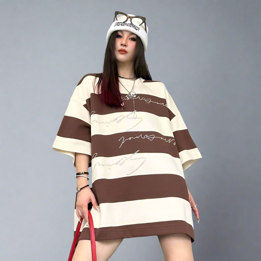 Mid-sleeve thick striped T-shirt women's beaded oversize top