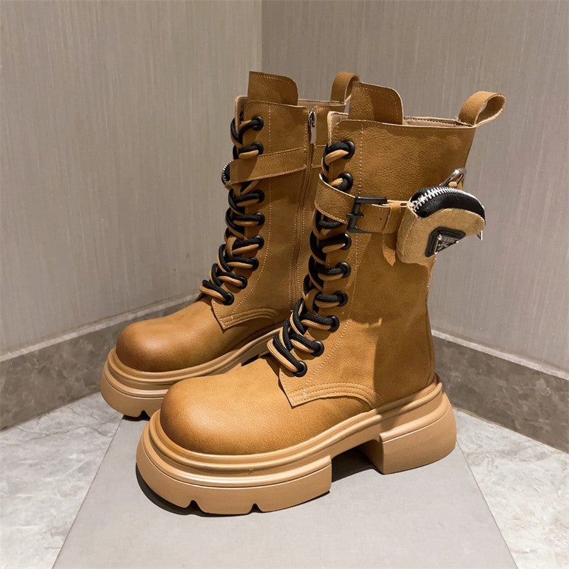 Bag Motorcycle Boots Mid tube Boots Strap Women's Shoes