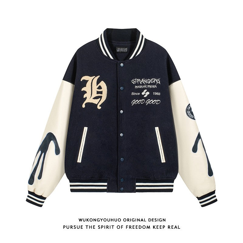 PU leather heavy-duty letter towel embroidered baseball jacket for men and women