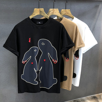 T-shirt men's couple wear rabbit graphic print retro t-shirt half-sleeved summer wear