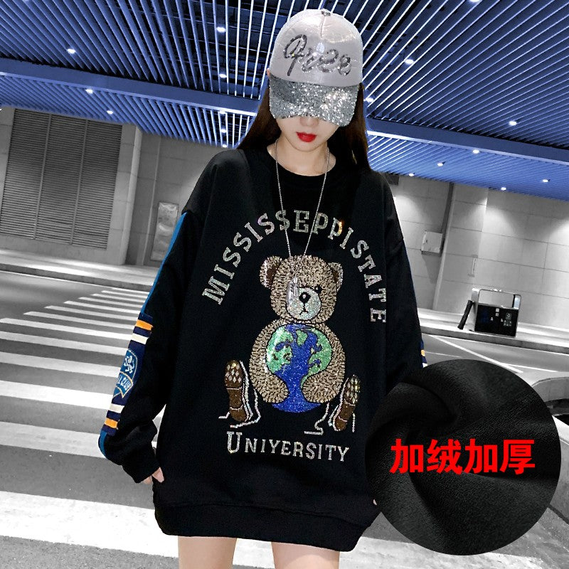 Over size Mid-length bear diamond loose sweatshirt