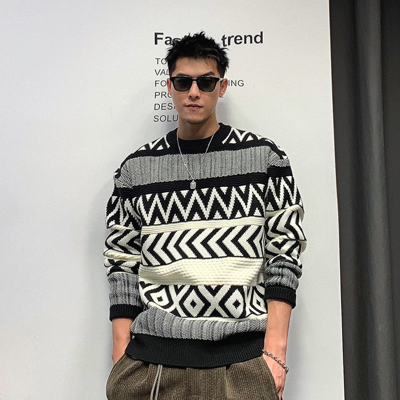 Vintage sweater men's winter high-end cool knitted sweater American retro round neck sweater