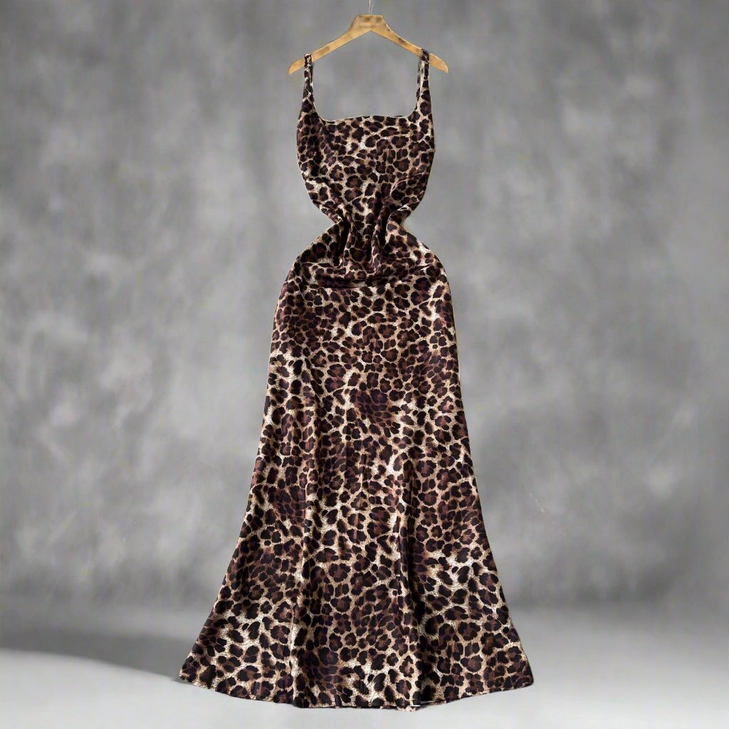 Square collar slim fit leopard print long dress