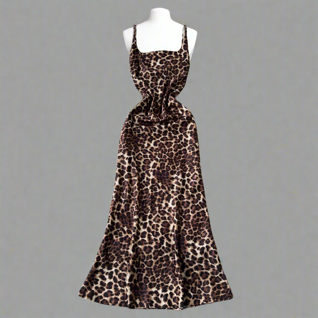 Square collar slim fit leopard print long dress