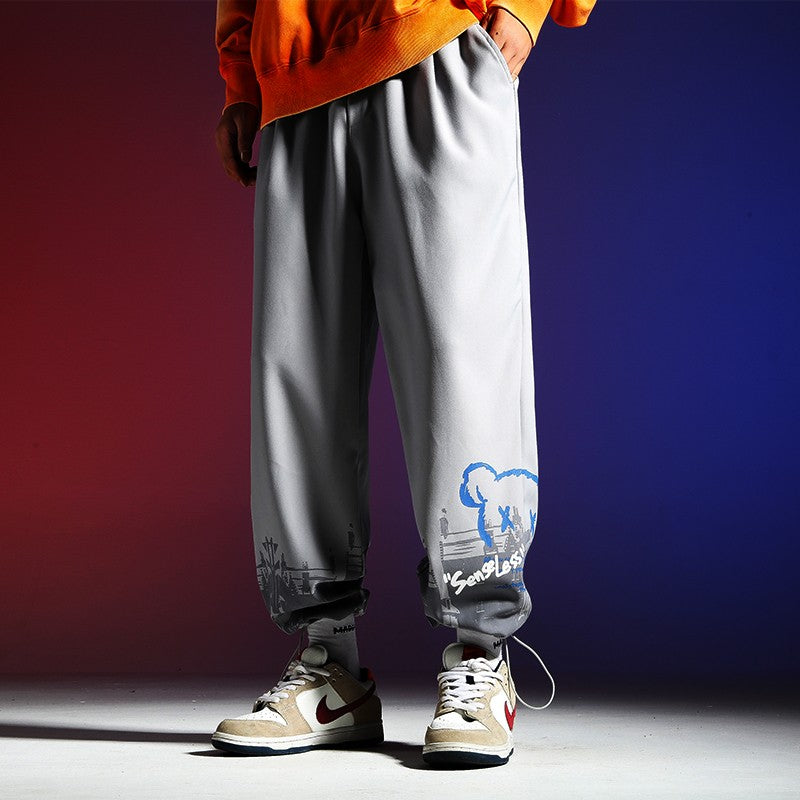 Loose straight wide-leg drawstring men sports pants