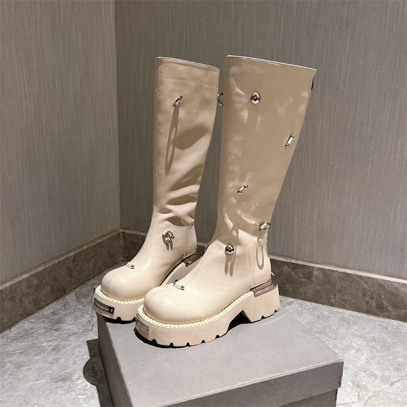 Leather metal rivet long boots