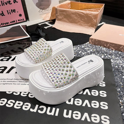 Slippers for women's rhinestone sloping heel shoes