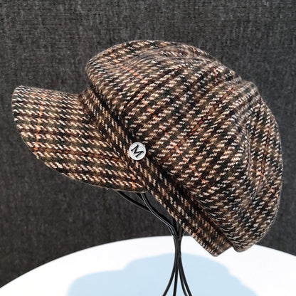 Trendy Wool Plaid British Street Duck Tongue Octagonal Hat