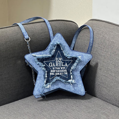 Star denim blue backpack embroidered letter tassel crossbody bag