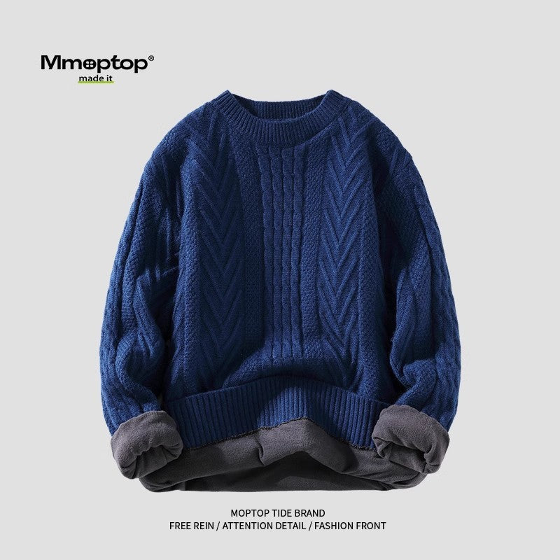 Kitted men sweater checkerboard round neck