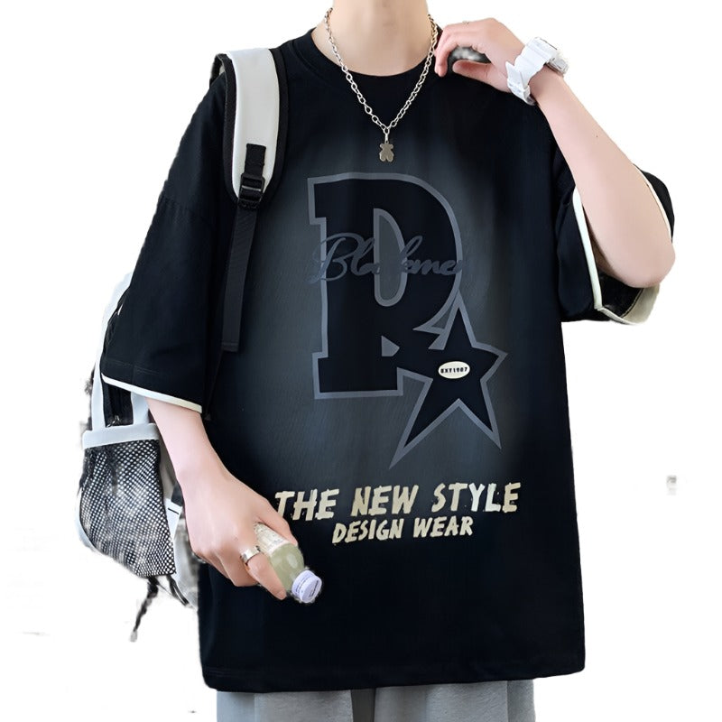 Fad graphic T-shirt men's summer casual black loose top