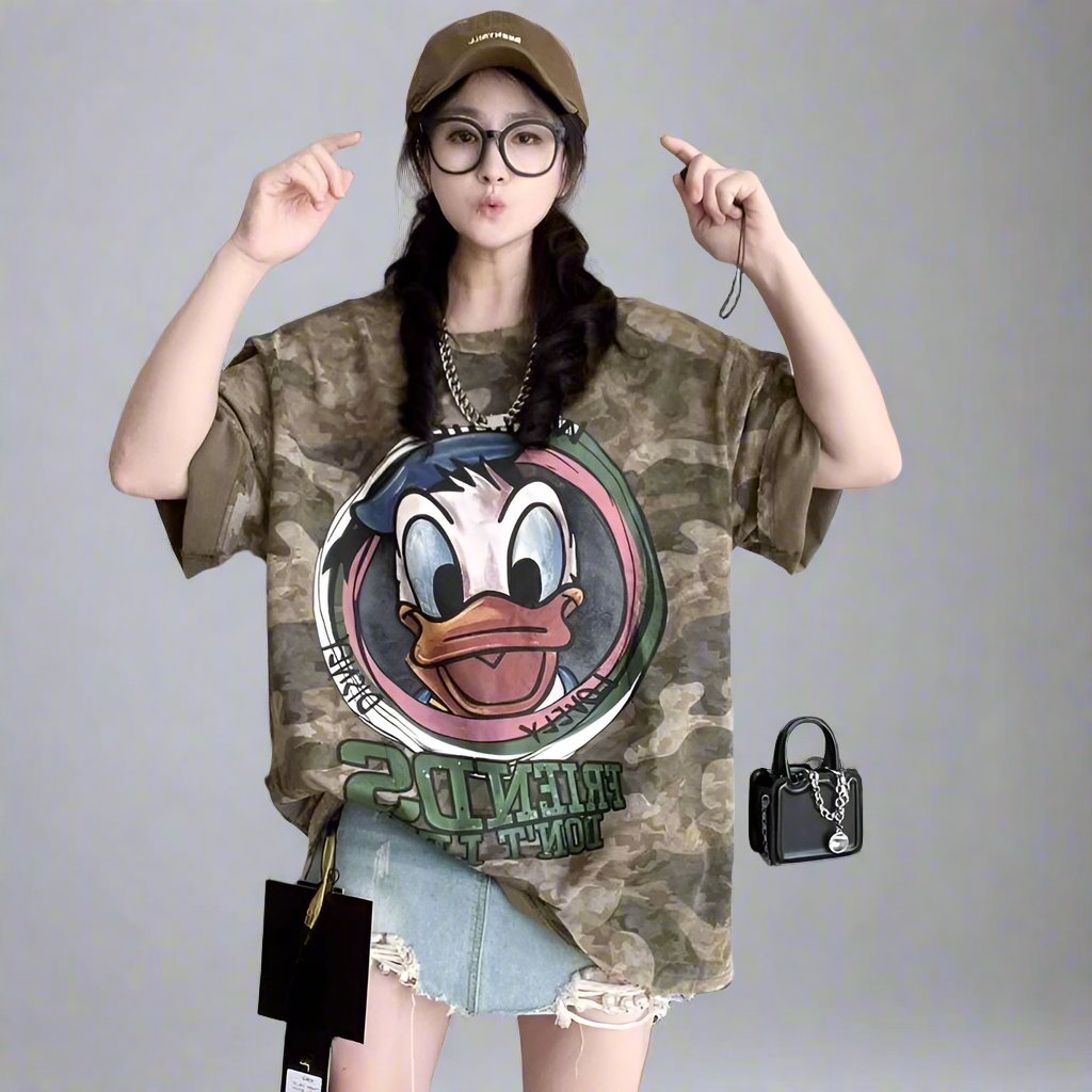 Mid-length oversize camouflage duck short-sleeved T-shirt female