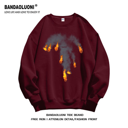 Flame graphic cotton sweatshirt unisex oversize round neck top