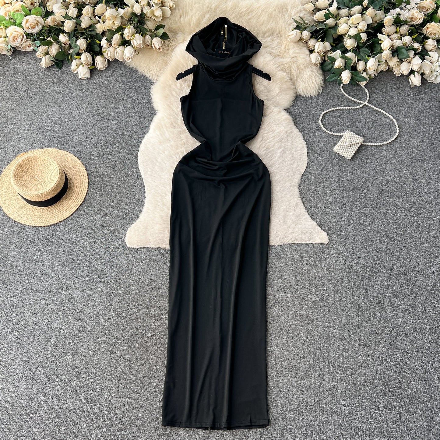 Long straight dress hooded sleeveless female tight slim dress