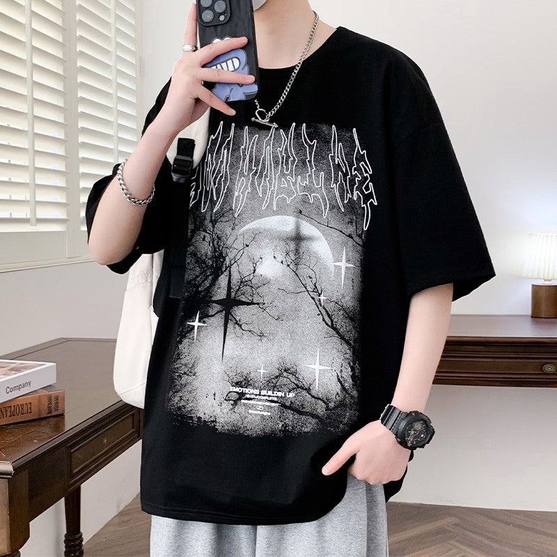 Ice silk dark series T-shirt casual loose round neck T-shirt