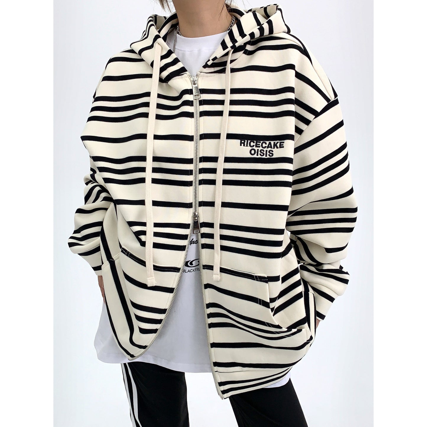 Rice cake loose vintage striped embroidery hooded sweater jacket