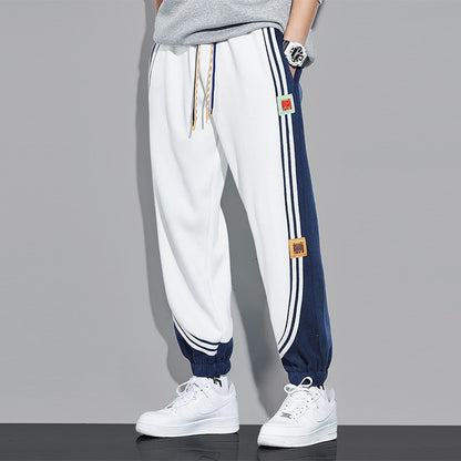 White sweatpants for men leg-tie pure cotton sports pants