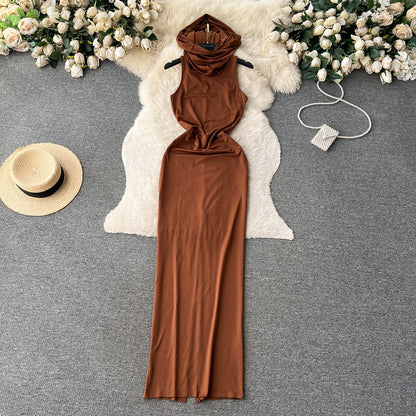 Long straight dress hooded sleeveless female tight slim dress