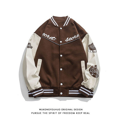 Hip-hop PU leather stitching baseball jacket men's trendy loose couple casual jacket