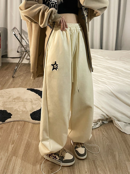 Embroidered Pure Cotton Thickened Loose Floor Sweeping Casual Pants