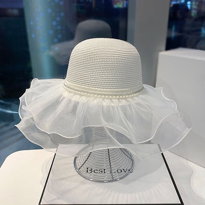 women pearl lace with large brim, Summer outing elegant straw hat sun hat for children