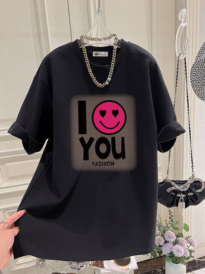 I love you T-shirt for women oversize summer letters mid-length top