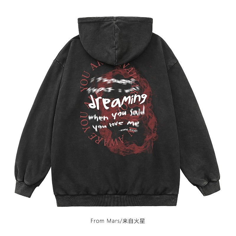 Red smoke dark blur letter print hoodies