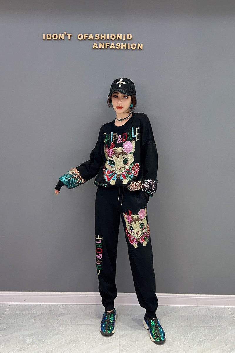 Korean kitten sweatshirt two-piece set