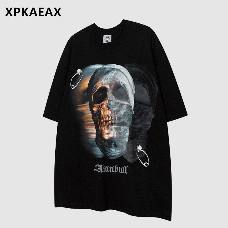 T-shirt men's dark skull printed round neck short-sleeved top