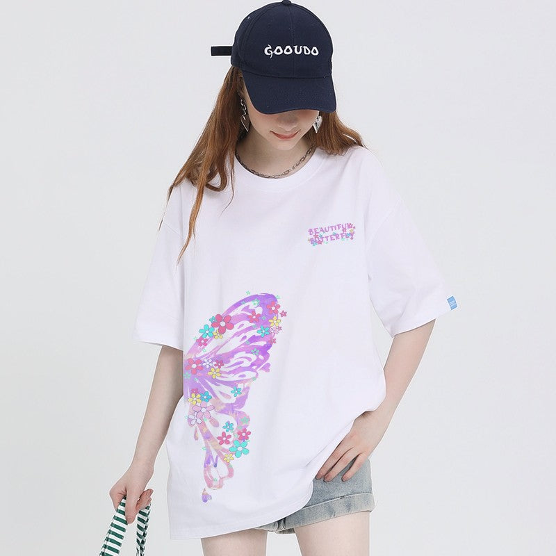 Butterfly print t-shirt for women loose half sleeve trendy