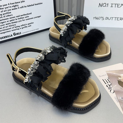 Lace rhinestone mink hair sandals women's summer thick soled shoes