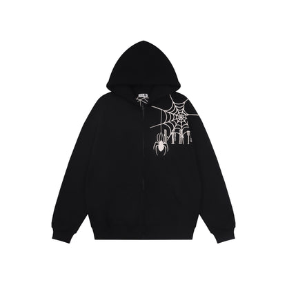 Unisex spider embroidery zipper hooded sweatshirt autumn cardigan hoodie jacket