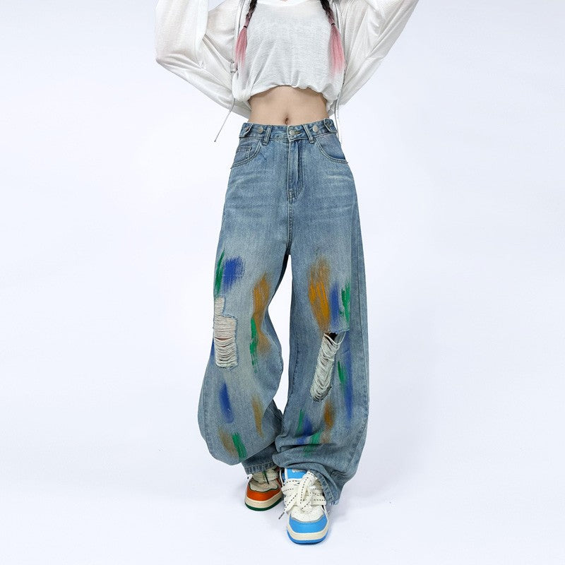 Jeans light inkjet colored straight casual pants