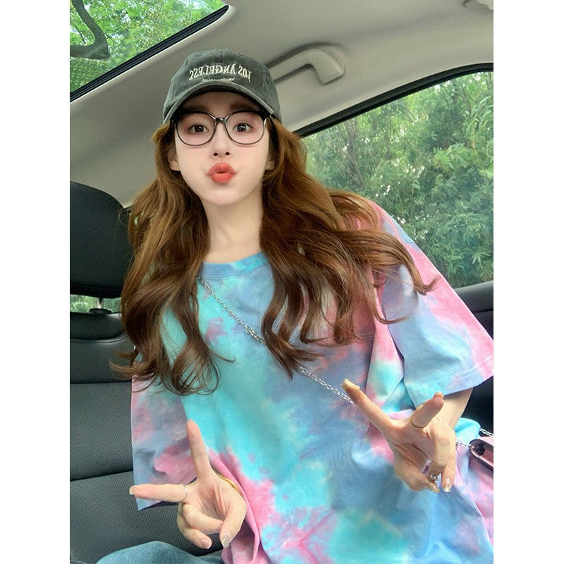 Blue gradient tie-dye short-sleeved T-shirt female 2024 new summer design oversize American style gradient top